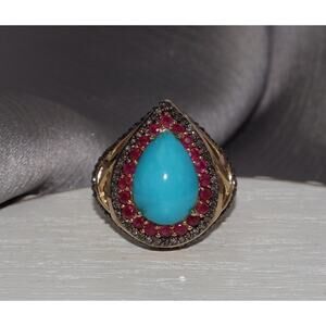 10k Yellow Gold Turquoise,Diamond & Ruby Ring 8.4G / Sz 8